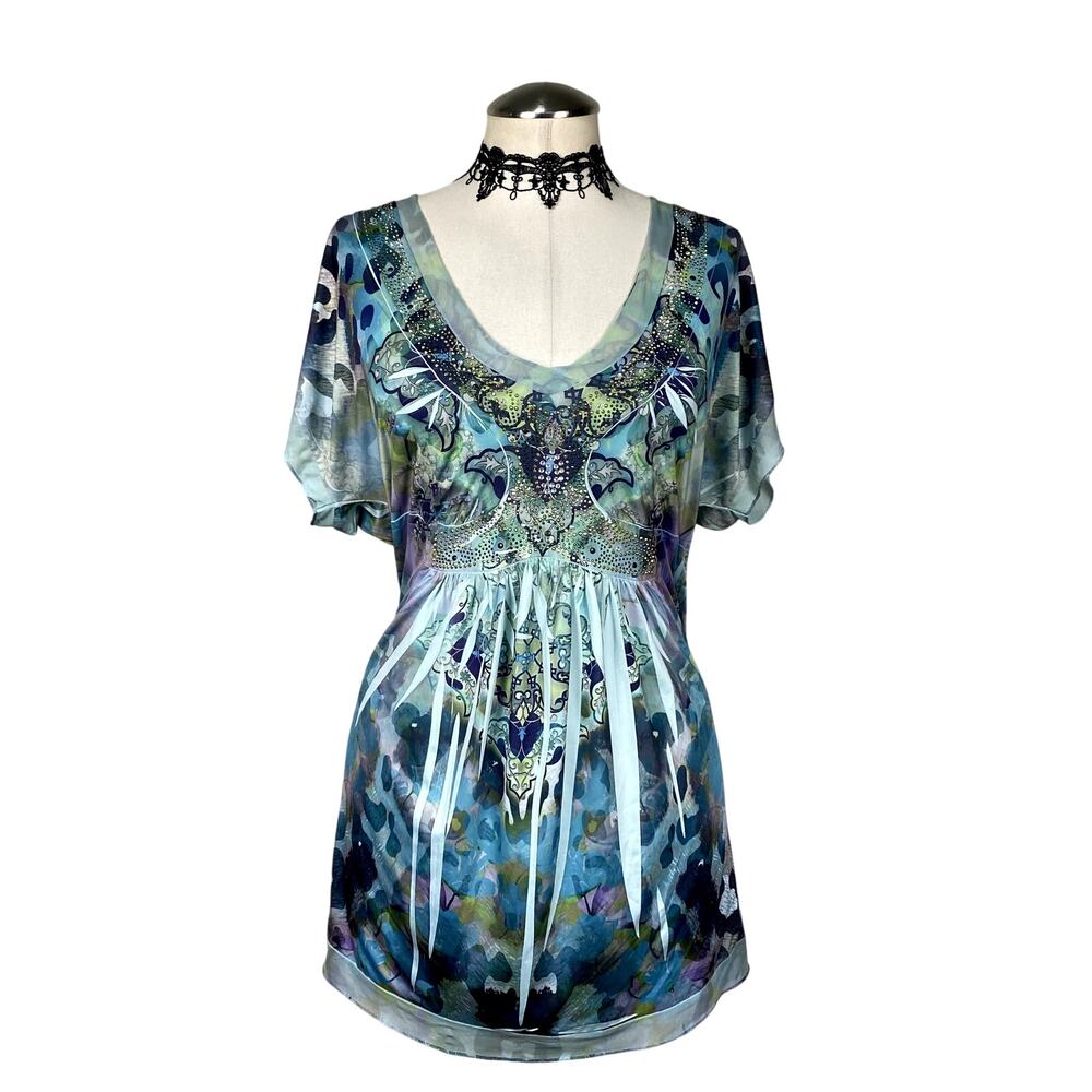 Apt. 9 Vtg Y2K Bedazzled Rhinestone Boho Fairycore HIppie Dyed Blouse Sz XL